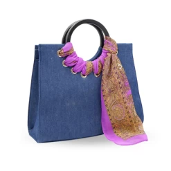 QUEENSCLIFF - Navy Denim Ring Handle Bag With Scarf - CLEARANCE