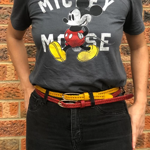 KELLY - Womens Red Plaited Skinny Leather Belt With Gold Oval Buckle - Image 6