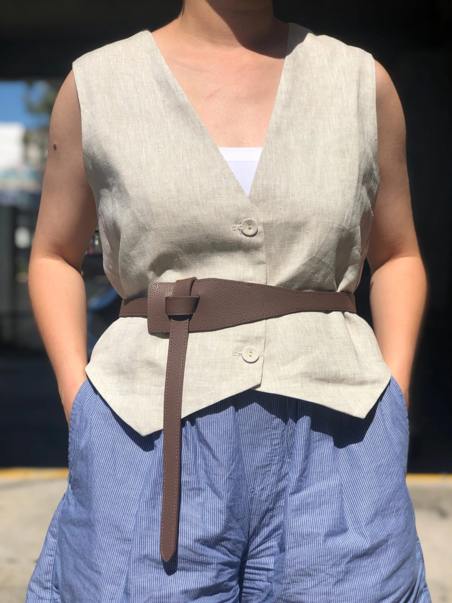 MARINA - Women's Latte Genuine Leather Knot Waist Belt - Image 4