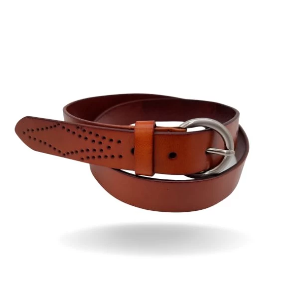 ESPERANCE - Women's Tan Genuine Leather Belt With Round Silver Buckle