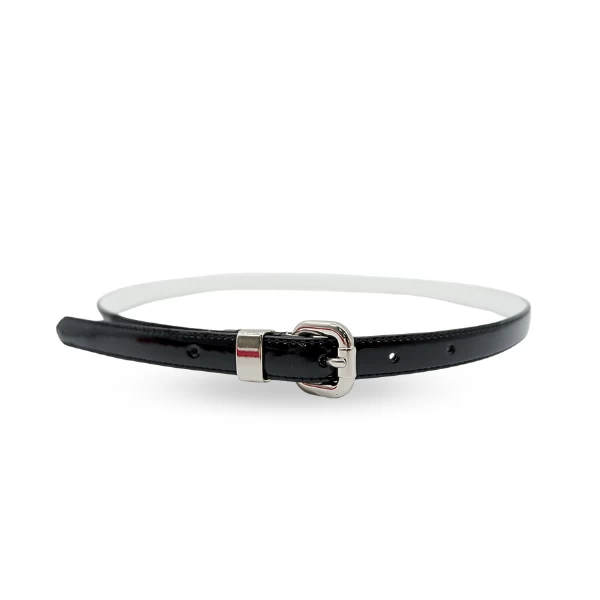 CARRIE - Womens Black Patent Skinny Leather Belt With Silver Buckle