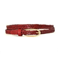 KELLY - Womens Red Plaited Skinny Leather Belt With Gold Oval Buckle