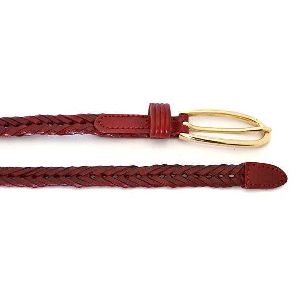 KELLY - Womens Red Plaited Skinny Leather Belt With Gold Oval Buckle - Image 2