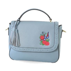YAMBA - Addison Road Embroidered Blue Pebbled Leather Structured Crossbody Bag