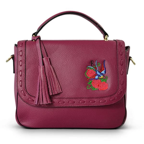 YAMBA - Addison Road Embroidered Magenta Pebbled Leather Structured Crossbody Bag