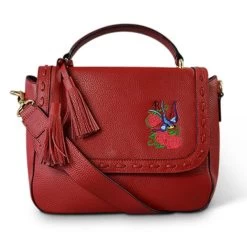 YAMBA- Addison Road Embroidered Red Pebbled Leather Structured Crossbody Bag
