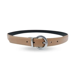 BELLA - Women's Beige And Black Leather Reversible Belt With Round Buckle