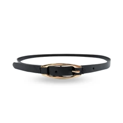 CADIA - Women's Black Genuine Leather Skinny Belt With Oval Gold Buckle