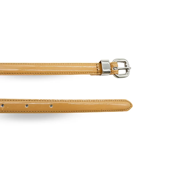 CARRIE - Womens Dark Beige Patent Leather Skinny Belt - Image 2