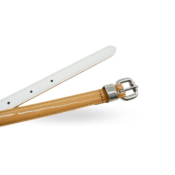 CARRIE - Womens Dark Beige Patent Leather Skinny Belt - Image 3