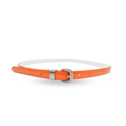 CARRIE - Orange Patent Skinny Leather Belt With Silver Buckle