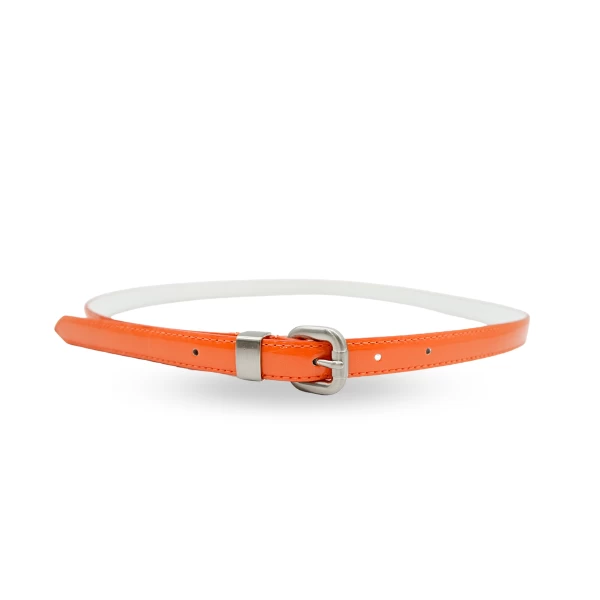 CARRIE - Orange Patent Skinny Leather Belt With Silver Buckle