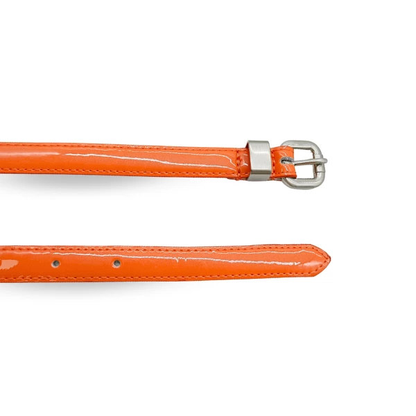 CARRIE - Orange Patent Skinny Leather Belt With Silver Buckle - Image 2