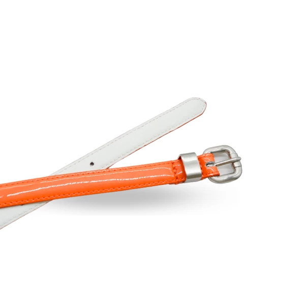 CARRIE - Orange Patent Skinny Leather Belt With Silver Buckle - Image 3