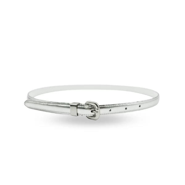 CARRIE - Womens Silver Patent Skinny Leather Belt With Silver Buckle