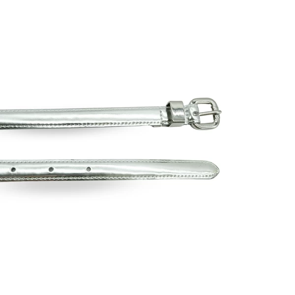 CARRIE - Womens Silver Patent Skinny Leather Belt With Silver Buckle - Image 2
