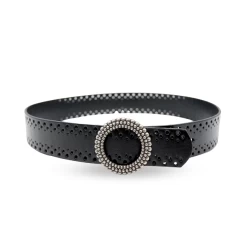 IRIS - Women's Black Genuine Leather Belt With Round Silver Buckle
