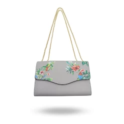 IVANHOE - Addison Road Taupe Leather Clutch Bag With Tropical Print