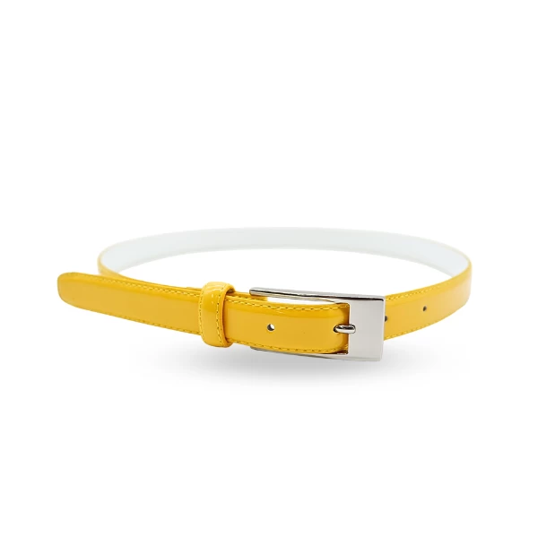 LACEY - Women's Yellow Skinny Genuine Leather Patent Belt With Silver Buckle