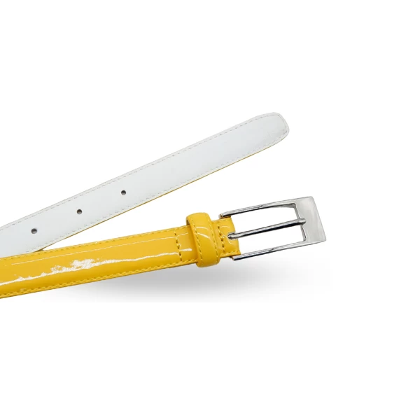 LACEY - Women's Yellow Skinny Genuine Leather Patent Belt With Silver Buckle - Image 3