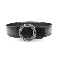 LILYDALE - Women's Black Genuine Leather Belt With Round Silver Buckle