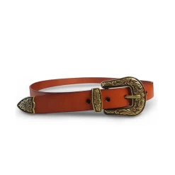 CAMDEN - Women's Lux Genuine Leather Brown Western Belt With Gold Floral Embossed Metal