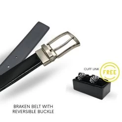 Gift BRAKEN & Cuff Link- Mens Black Matte & Glossy Genuine Leather Reversible Belt & Select Your Own Buckle