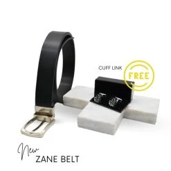 Gift ZANE & Cuff Link- Mens Black & Dark Brown Etched Genuine Leather Reversible Belt & Select Your Own Buckle