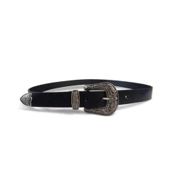 CAMDEN - Women's Leather Black Genuine Belt With Silver Floral Embossed Metal